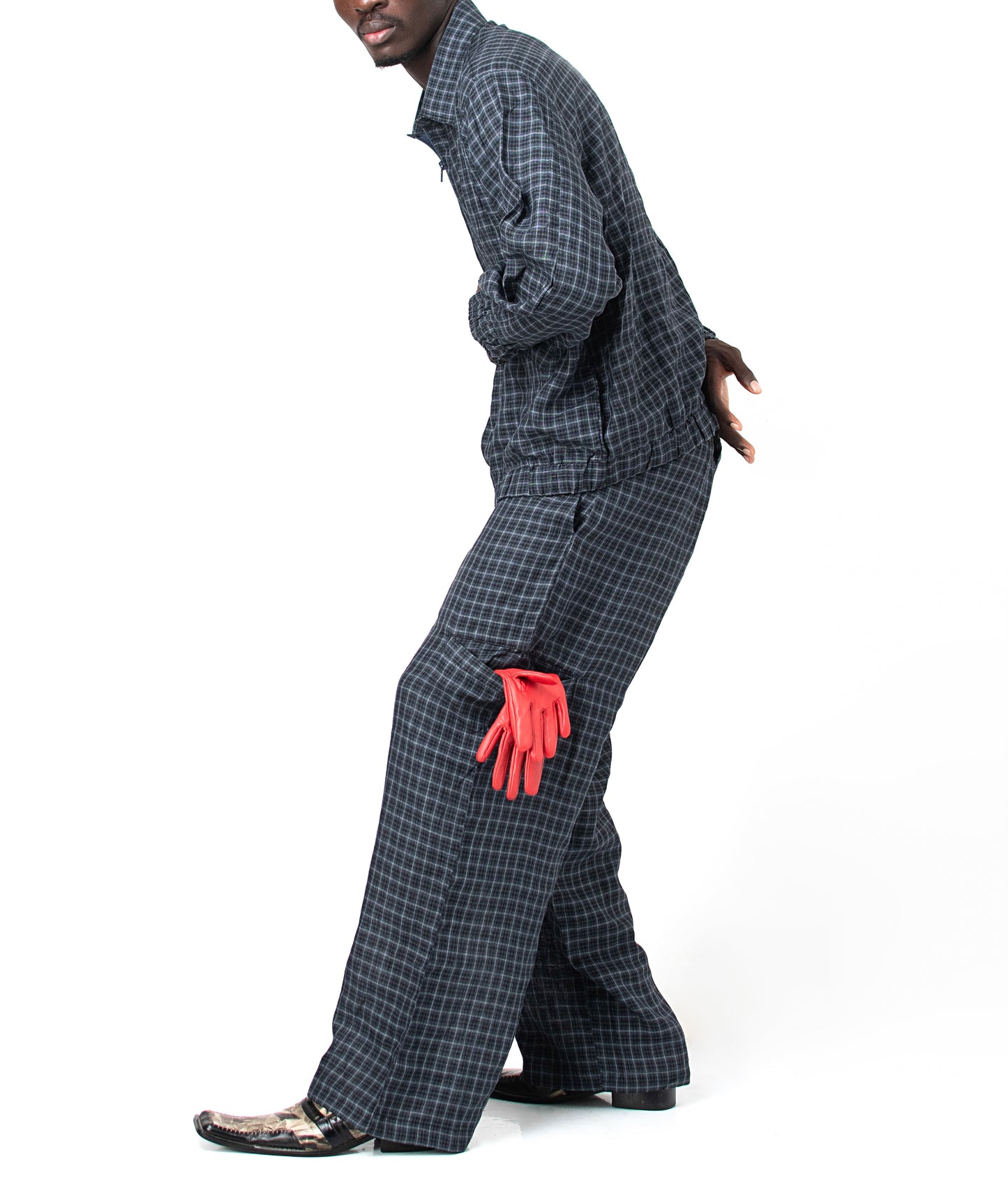 GRAPH CHECKERED LINEN TROUSERS in navy blue