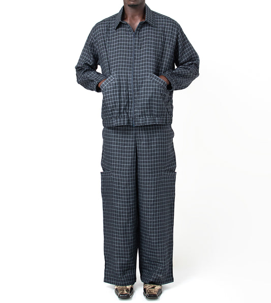 GRAPH CHECKERED LINEN TROUSERS in navy blue