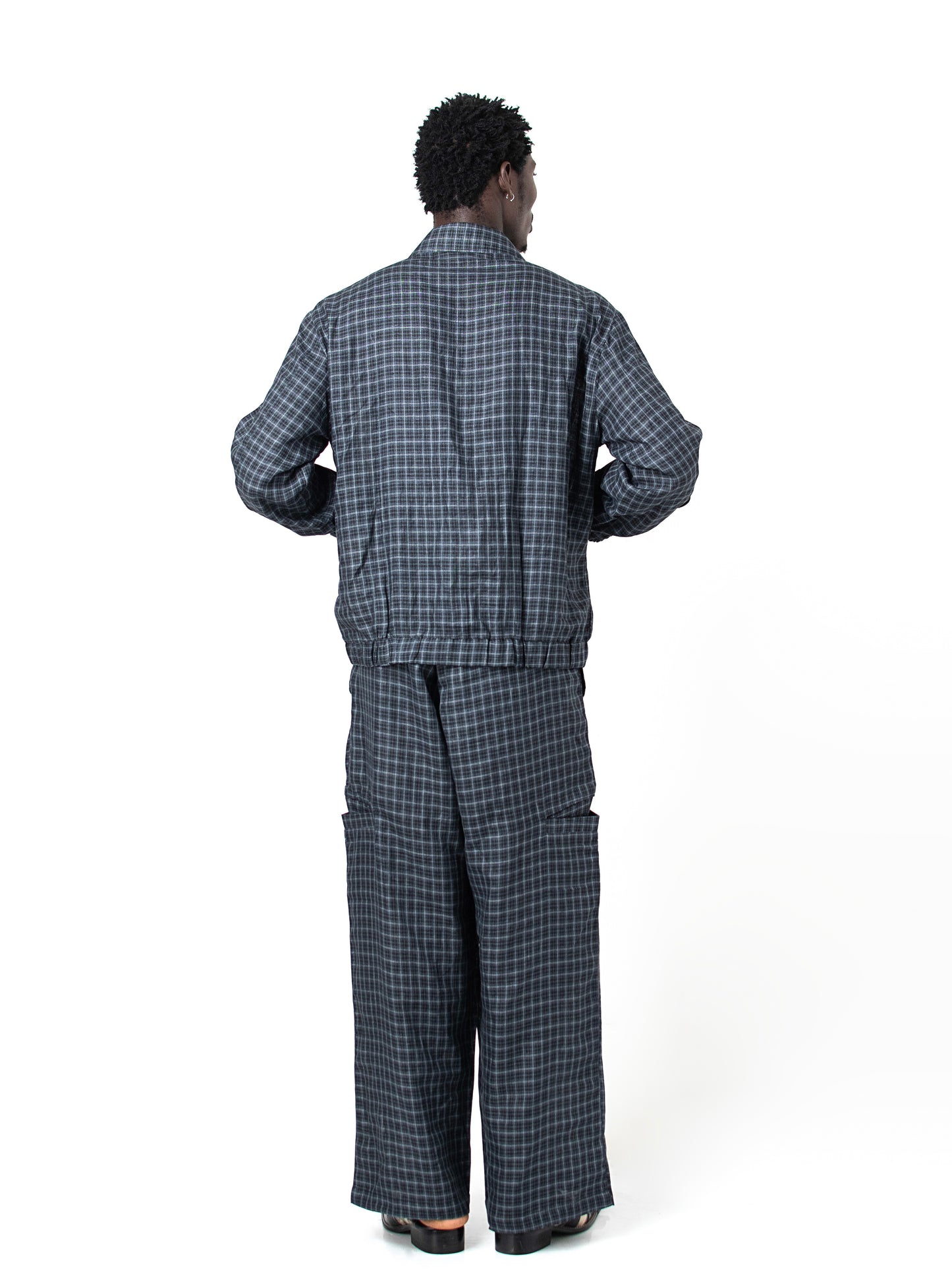 GRAPH CHECKERED LINEN TROUSERS in navy blue