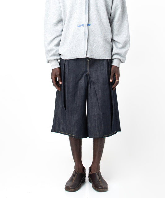 PLEATED DENIM JORTS in navy blue