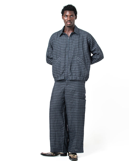 GRAPH CHECKERED LINEN TROUSERS in navy blue